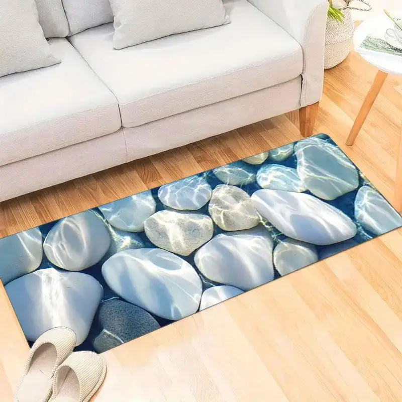Clear Water White Pebble Bathroom Runner Mat Anti Slip Blue Stream Smooth Stone Nature Print Carpet for Kitchen Hall Bathroom