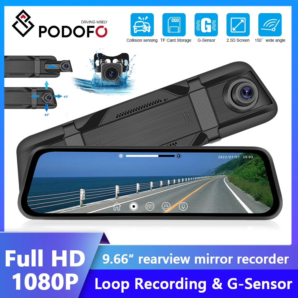 

Podofo Full Hd 1080p Car Digital Video Recorder Touch Screen 9.66" Navigation GPS Rear View Mirror Backup Camera Parking Monitor