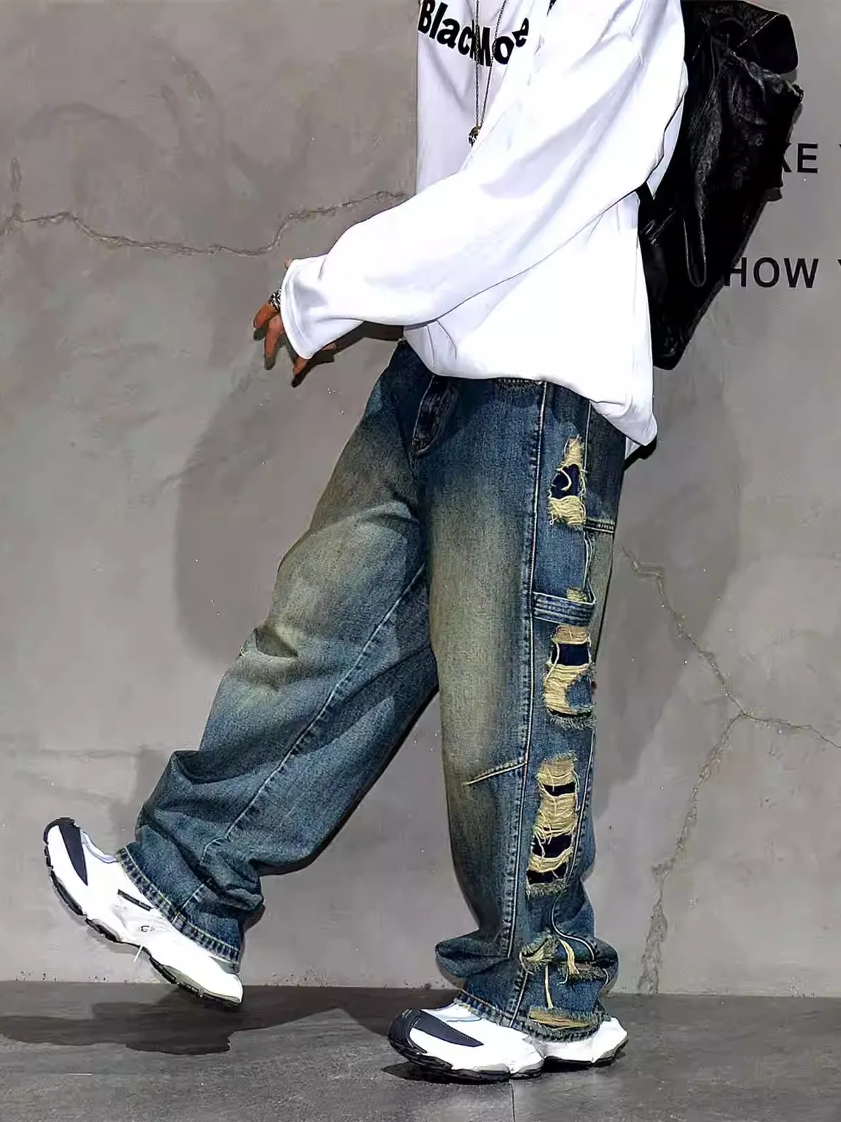 

Vintage Distred Loose Wide Leg Men's Jeans Trendy Brand Hole Staed Long Pants High Waist Zipper Closure Casual Jeans