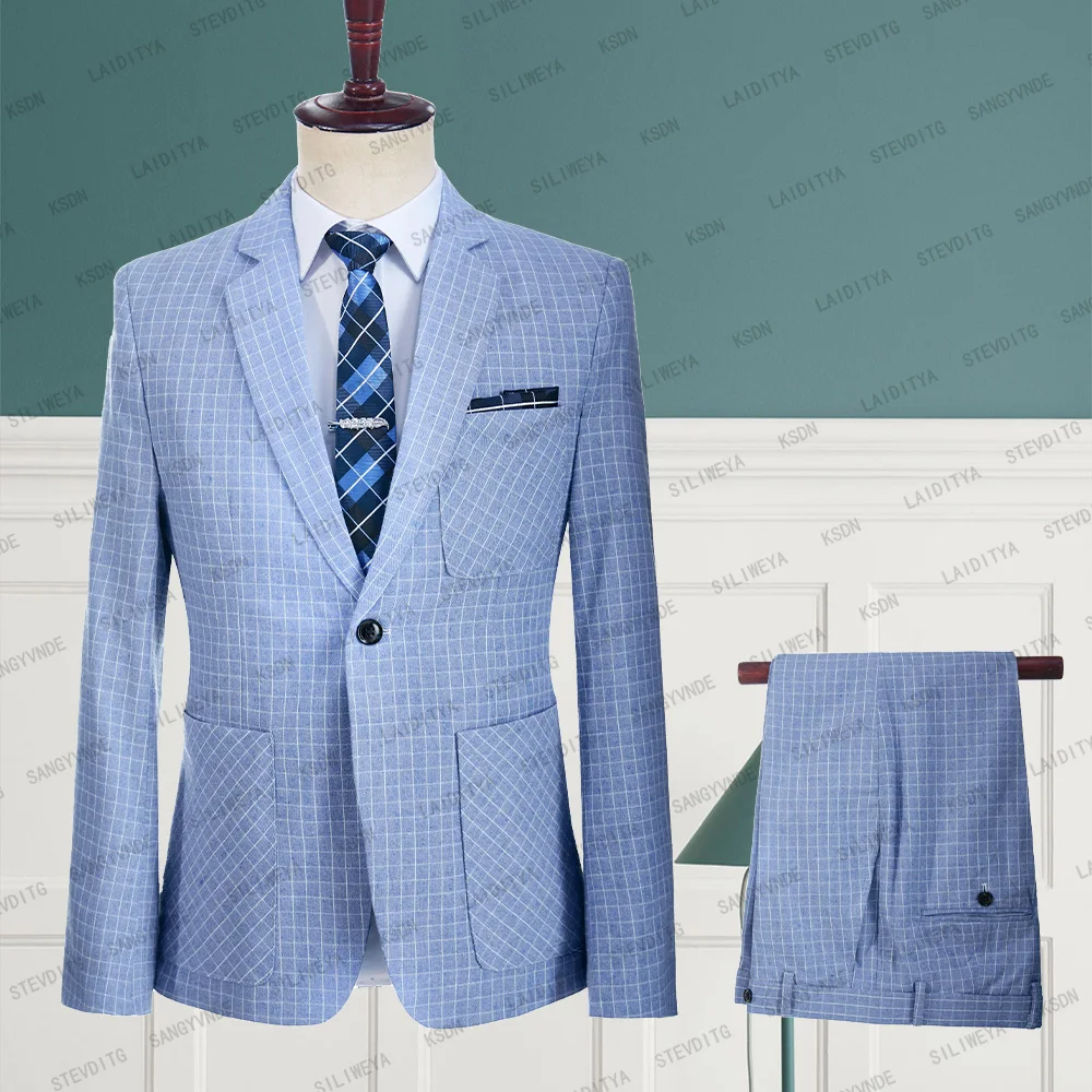 

2023 New Men's Business Summer High End Wedding Blue And White Plaid Linen Suits Party Groom Dress 2 Pieces Set Jacket Pants