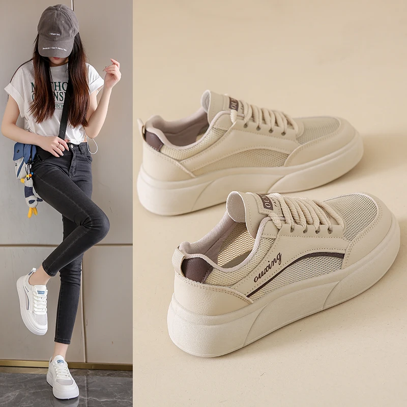 

2025 New Women's Translucent Breathable Mesh Lace Up Chunky Platform Walking Shoes 5CM Heel Slip Resistant Casual Daily Sneakers