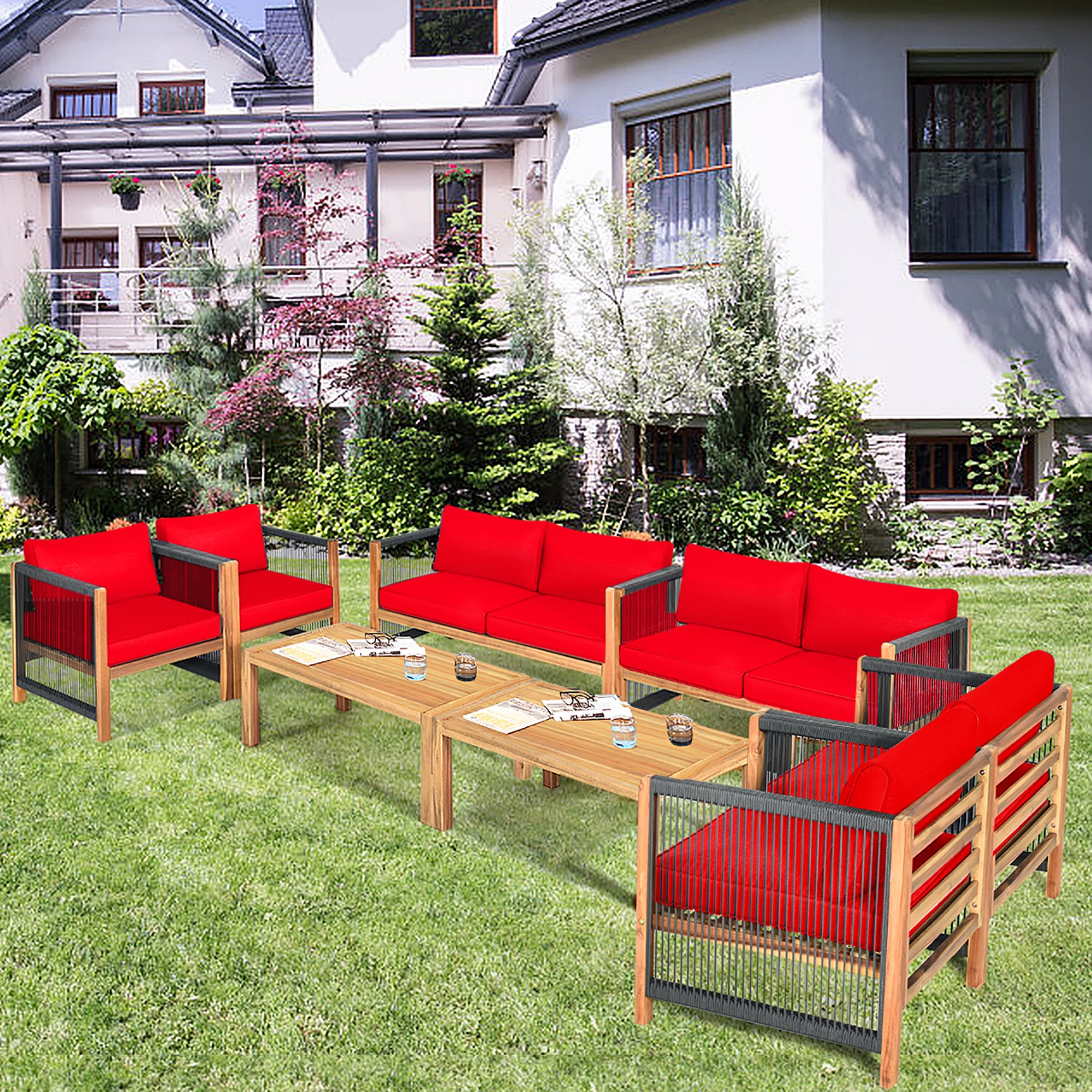 

8 PCS Acacia Wood Patio Conversation Set w/Cushions for Garden Red