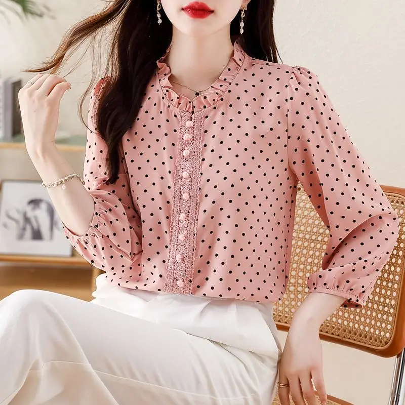Women Clothing Fashion Polka Dot Plus Size Button Blouse Spring Autumn New O-neck Ruffles Loose Vintage Shirt Top Casual Elegant