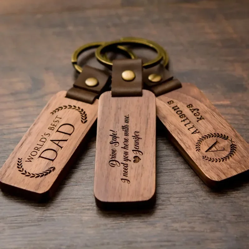 

Customized PU Leather Wooden Keychain Blank DIY Wood Keyring Square Engraved Car Key Chains Retro for Friends Lovers Family Gift