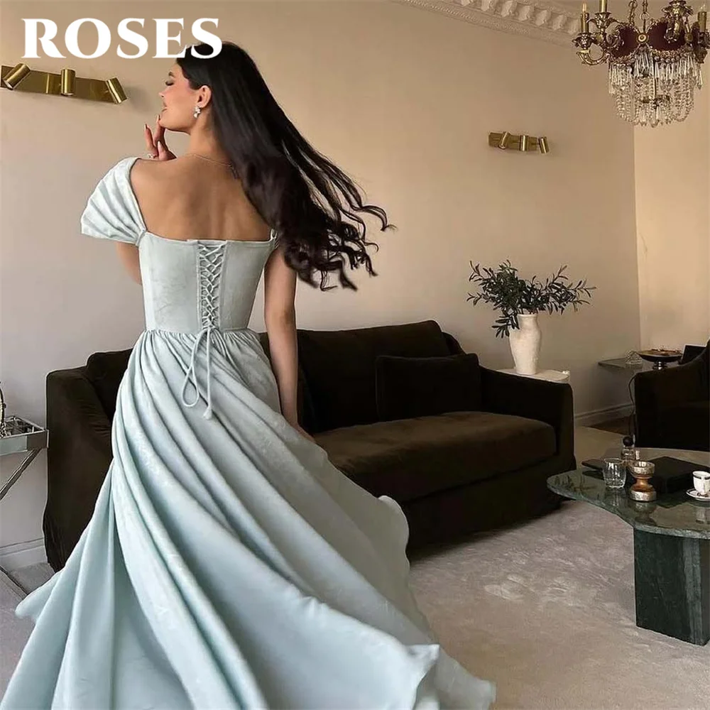 

ROSES Blue Elegant Prom Dress A-Line Formal Gown Cap Sleeves O-Neck Evening Party Dresses for Woman 프롬 드레스 Customized