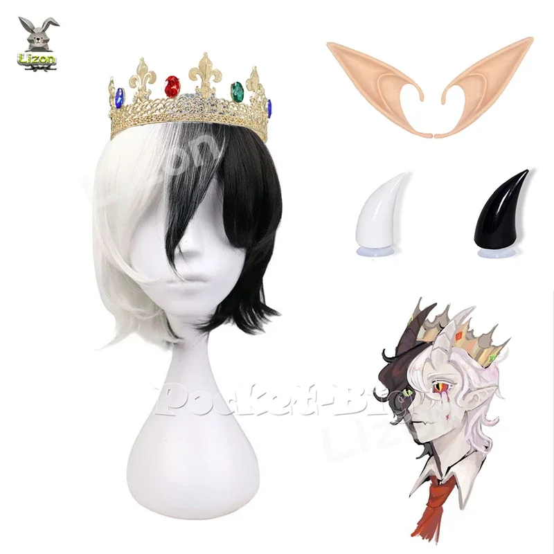 Ranboo Cosplay Costume Mental Crown Wig Black and White Horns with 12cm Elf Ears Red Tie Cosplay Accessories Set Prop