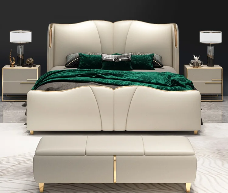！@Modern Luxury Metal Bed Leather Double Bed Designs with Revolving Storage Features Space-Saving King Size Bedroom Furniture
