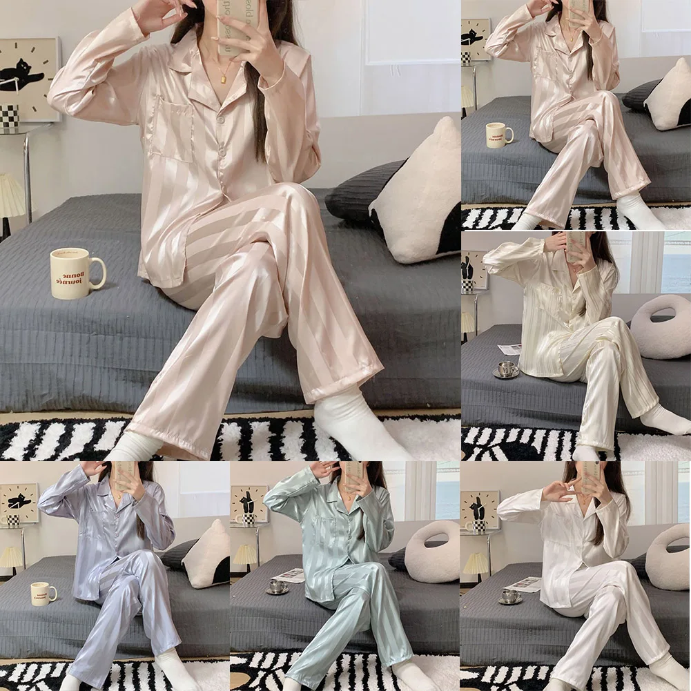 Vrouwen Pyjama Gestreepte Pijama Sets Zijde Satijn Vrouwelijke Thuis Kleding Causale Nachtkleding Effen Kleur Comfortabele Vrouw Kleding