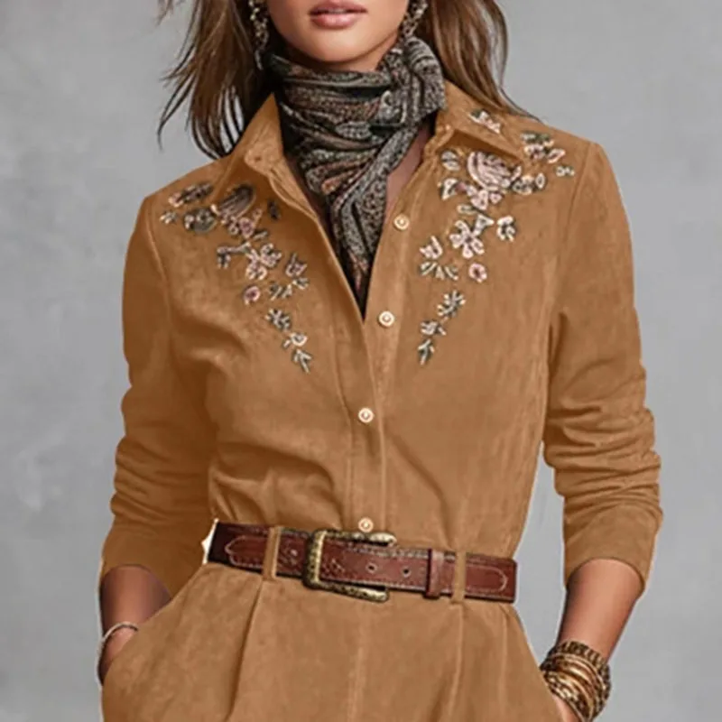 الرجعية الأزهار طباعة تقليد الجلد المدبوغ فستان قصير امرأة أنيقة التلبيب الرقبة زر قميص فستان الخريف طويلة الأكمام وشاحات جيب فستان