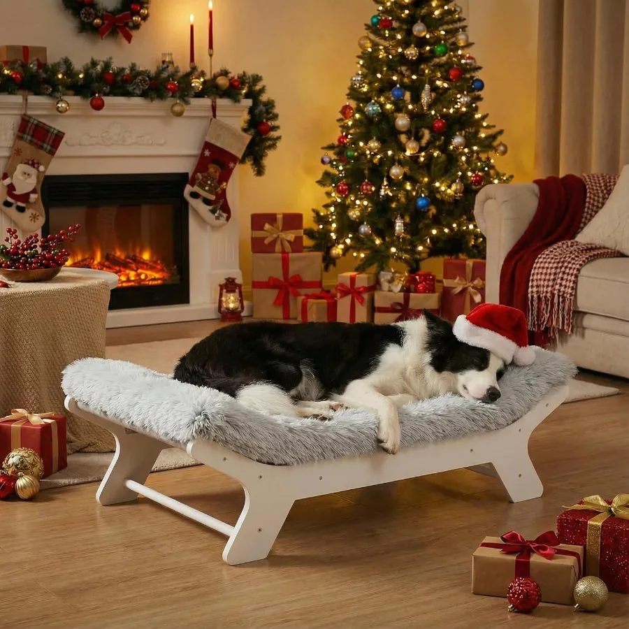 

Elevated Dog Bed with Wooden Frame and Washable Cover in White for Small to Medium Dogs Up to 50 lbs Ideal for Indoor and Outdo