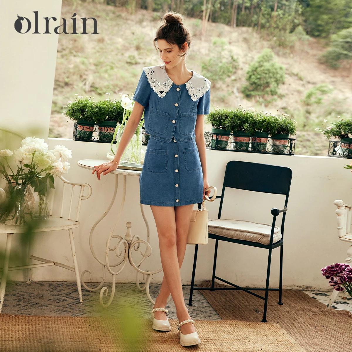 

OLrain Summer Denim Skirt Sets Women 2025 Fashion Peter Pan Collar Tops A-line Mini Skirts Lady New in Matching Sets O23XE80883