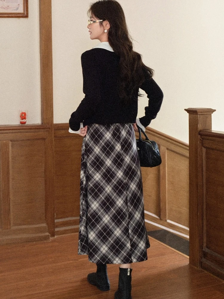 ALXNAN Plus Size Long Plaid Skirt Vintage Black Checkered High-Waist A-line Midi Skirt 2025 Autumn Office Lady Skirts D12960BSQ