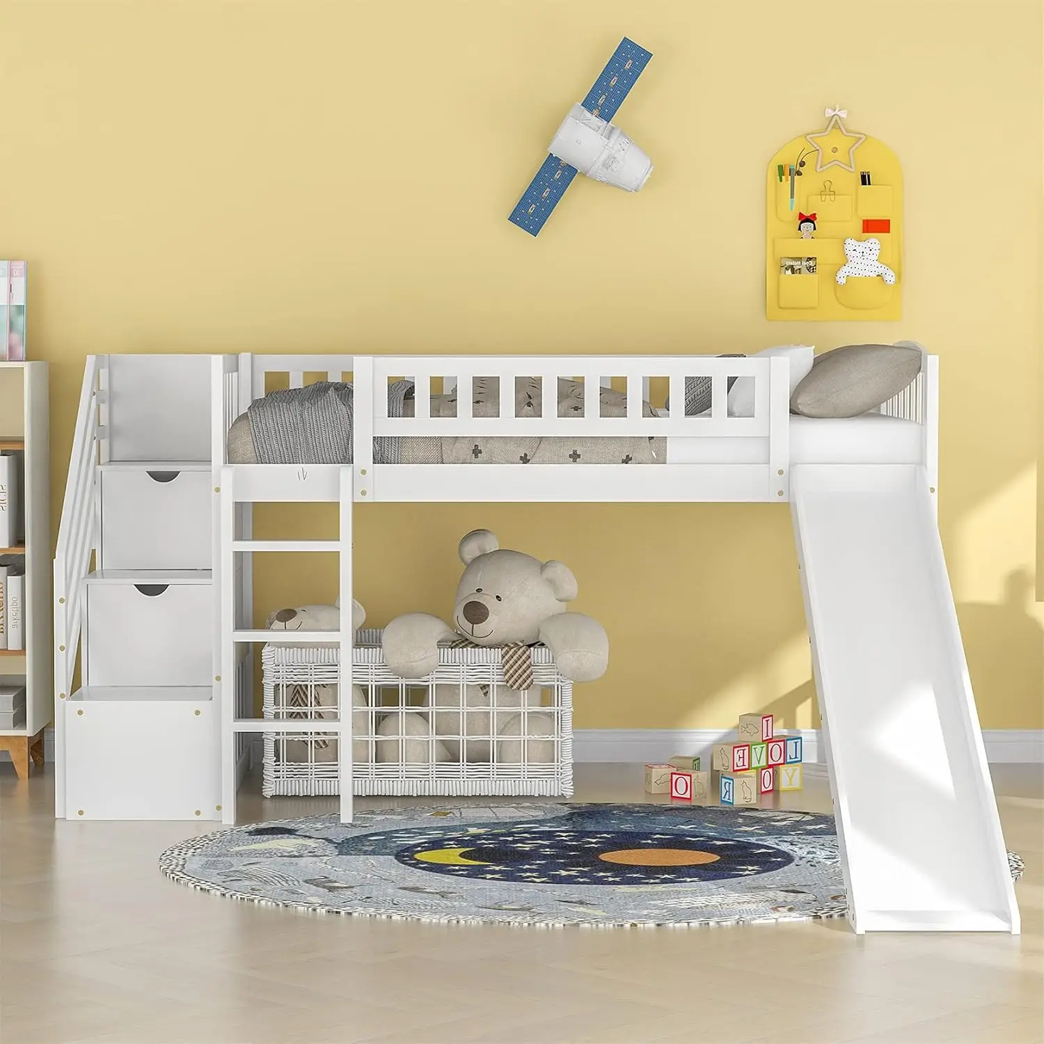 

Twin Loft Bed With Slide For Kids, Wood Slide Loft Bed With Stairs And Built-In Ladder, No Box Spring Needed,White