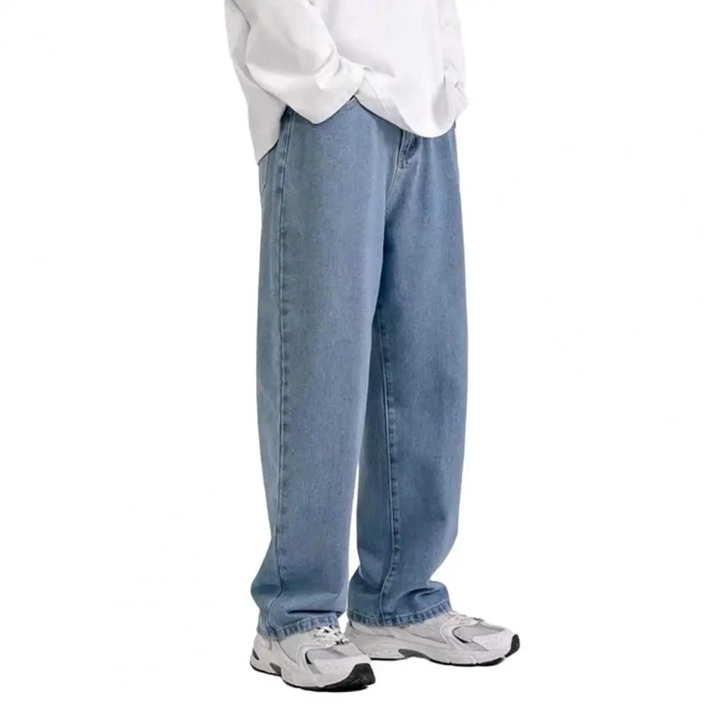 Men Jeans Wide Leg Straight Loose Full Length Denim Trousers Button Zipper Closure Retro Streetwear Men Long Pants