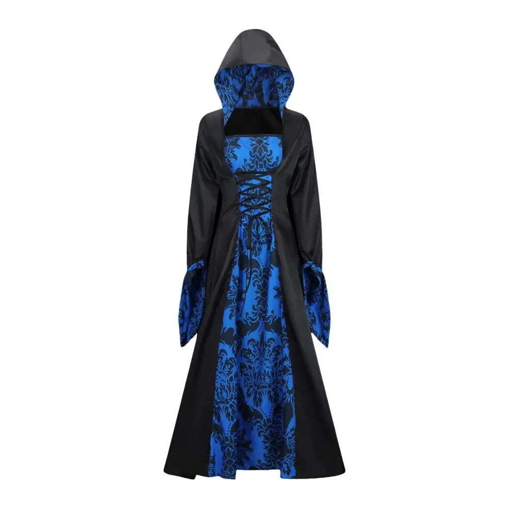 Women Dress with Retro Print Halloween Party with Lace-up Strap Hooded Flower Print Long Horn Sleeves Costume