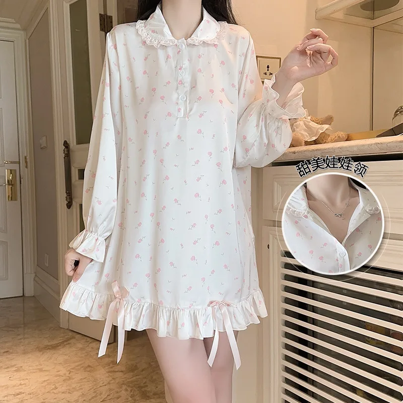 

Летняя одежда для сна с принтом, ночная рубашка, женская ночная рубашка из искусственного шелка, домашняя одежда с отложным воротником, халат, рубашка для сна, домашняя одежда