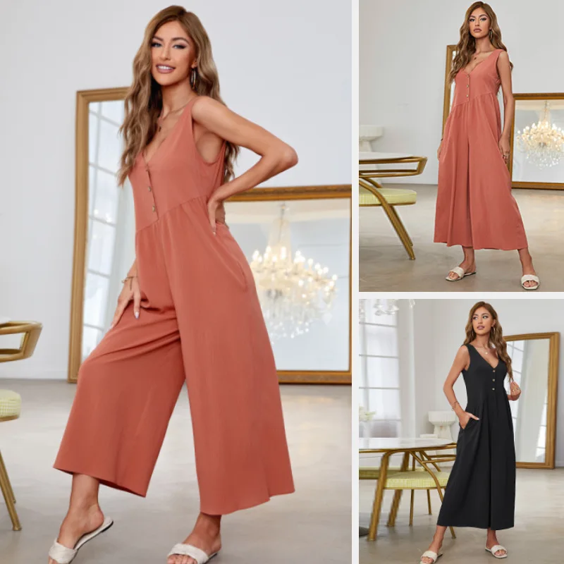 Ladies Bib Pants Suspender Trousers Loose Casual Female Women V-Neck One-Piece Wide Leg Rompers Overalls Jumpsuits Streetwear