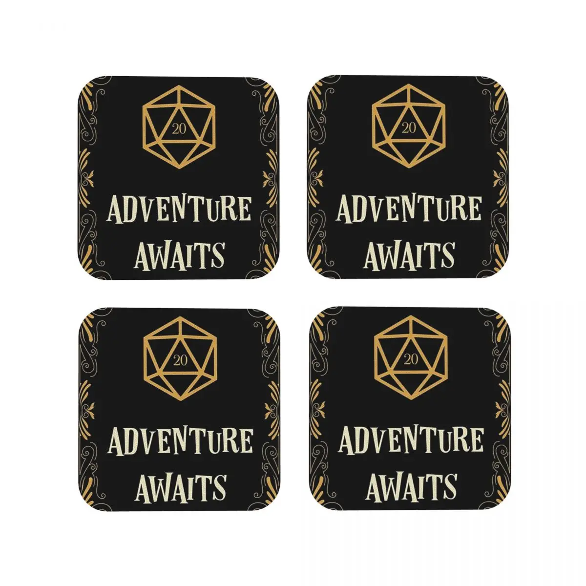 Adventure Awaits D20 Dice Tabletop RPG Coasters Kitchen Placemats Non-slip Cup Coffee Mats For Home Tableware Pads Set of 4