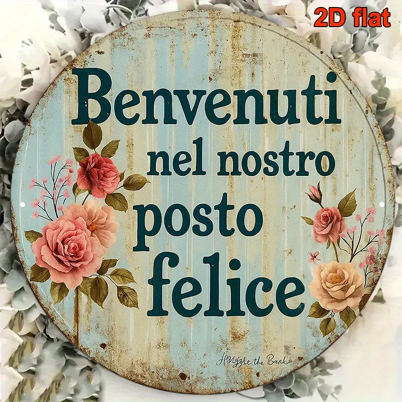 2D rundes Vintage-Schild aus Aluminium mit der Aufschrift „Bienvenidos a Nuestro Lugar Feliz“, 20,32 x 20,32 cm, Rosendekor, Retro-Stil für Wohnzimmer, Schlafzimmer