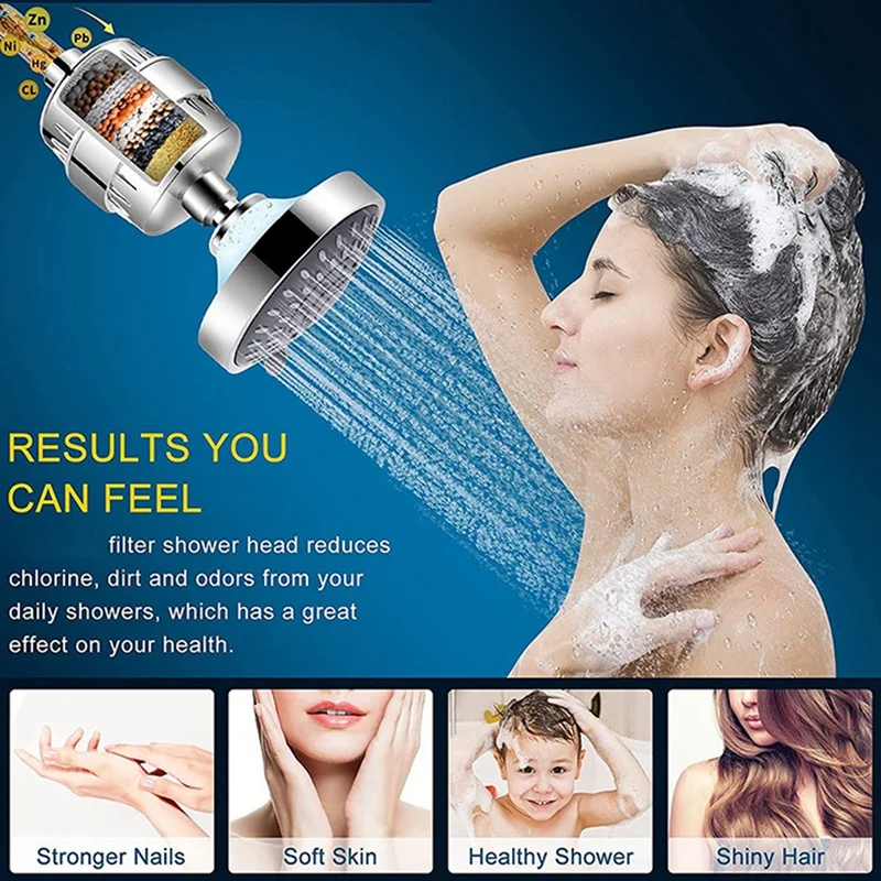 Filtered Shower Head 20 Stage Shower Filter Silver ABS For Hard Water Detachable Water Softener +Mode Showerhead