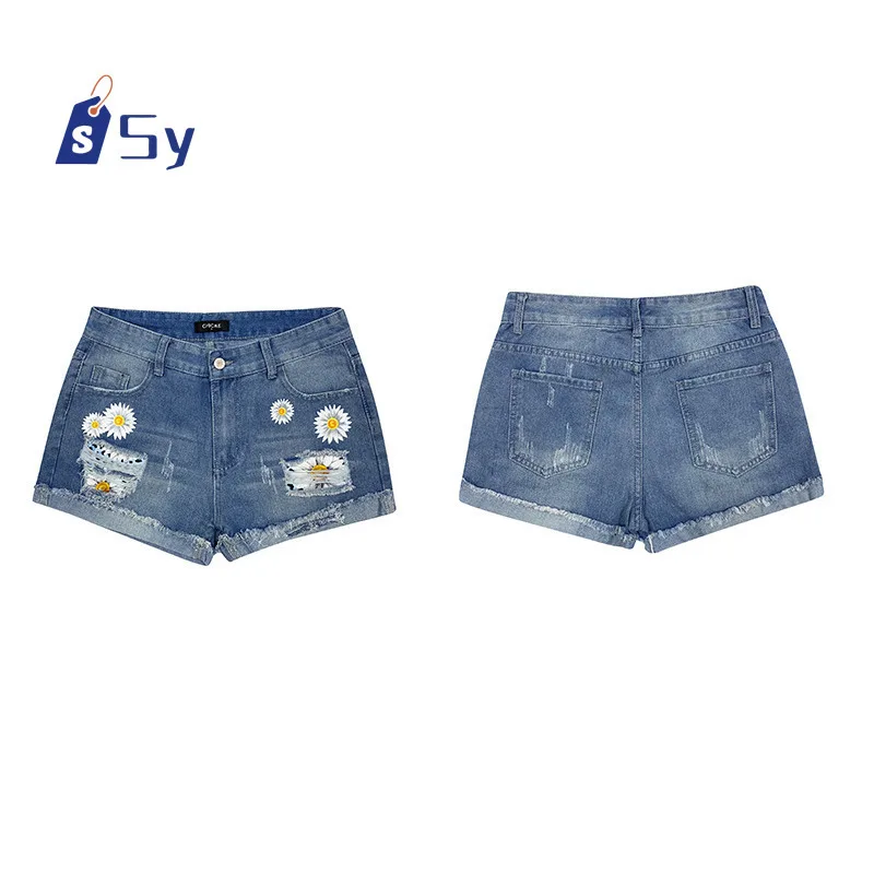 Calça jeans feminina quebrada com remendos, estilo shorts jeans, estampa floral, calça de três quartos, calça rolada casual feminina, mini jeans de