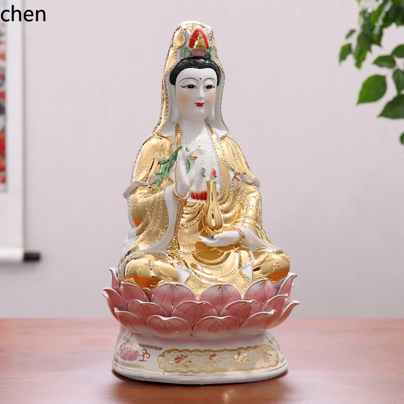 Cz 12~20inch family safe ten thousand beads golden body holding bottle guanyin bodhisattva ornament real gold color