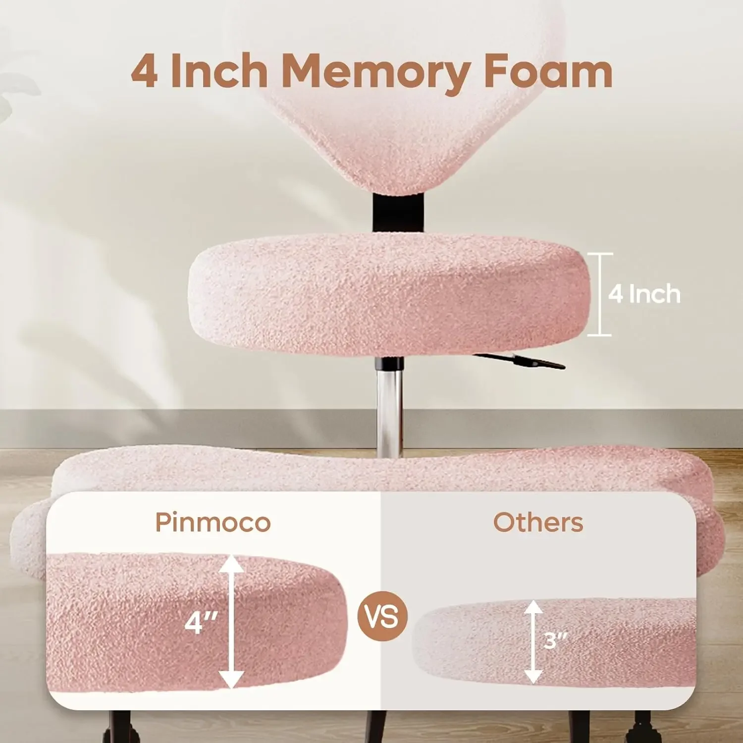 Ergonomic Swivel Meditation Chair, Height-Adjustable, 360° Rotating, Pink Teddy Fabric, for ADHD & Home Office