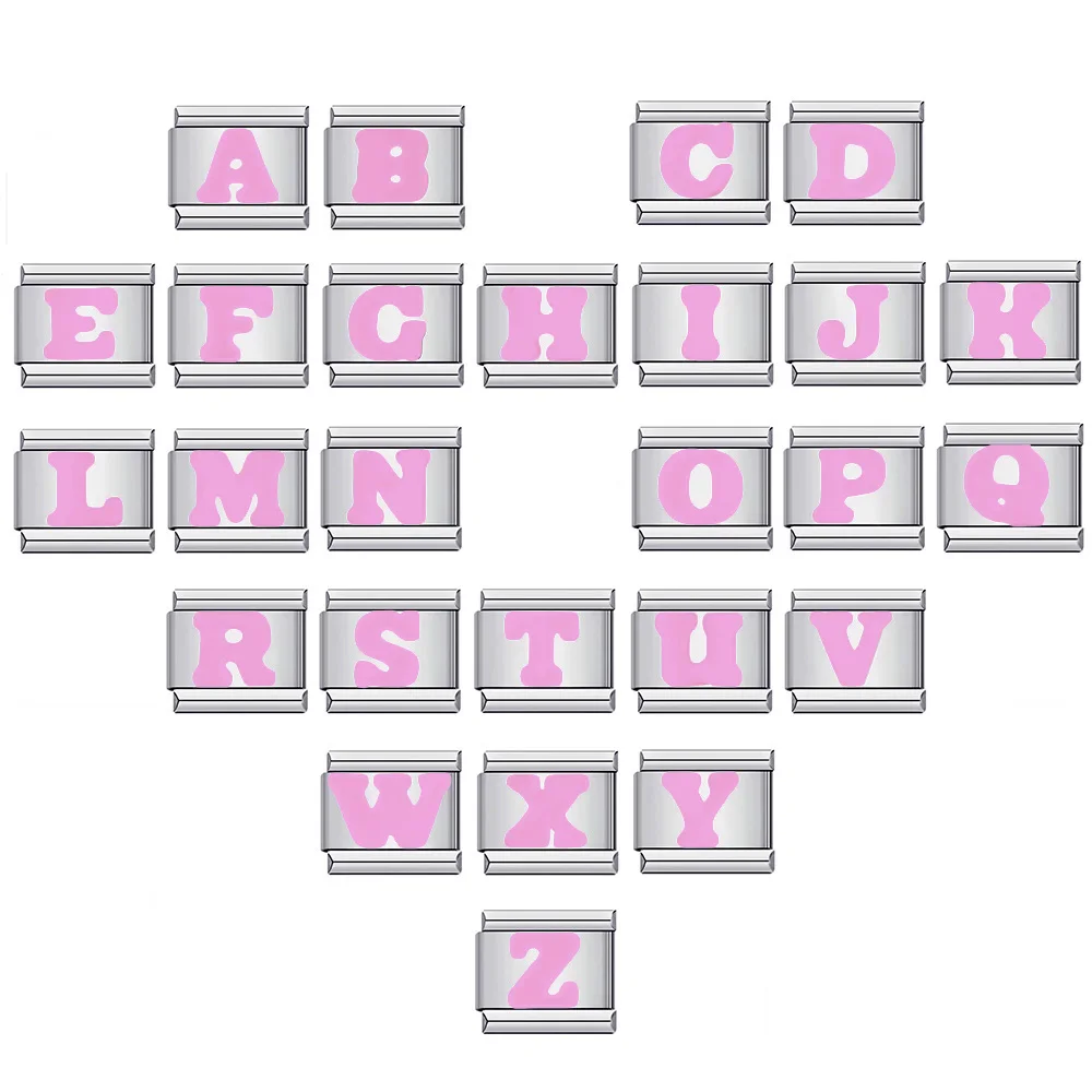 Aço inoxidável italiano links para homens e mulheres, 26 letras inglesas, A-Z charme, rosa, preto, vermelho, se Fits 9mm pulseira, fazer jóias, DIY,