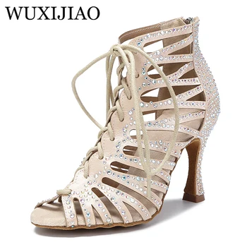 WUXIJIAO Damen-Latin-Tanzstiefel aus Leder, hoher Absatz und Reißverschluss hinten, Gelb und Lila