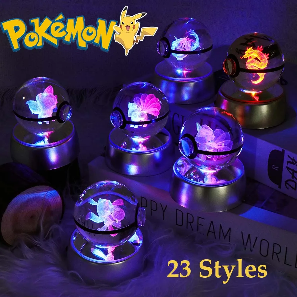 

Pokemon 3D Crystal Ball Pikachu Gengar Eevee Mewtwo Anime Game Pokeball with Led Night Light Base Christmas Gift Home Decor