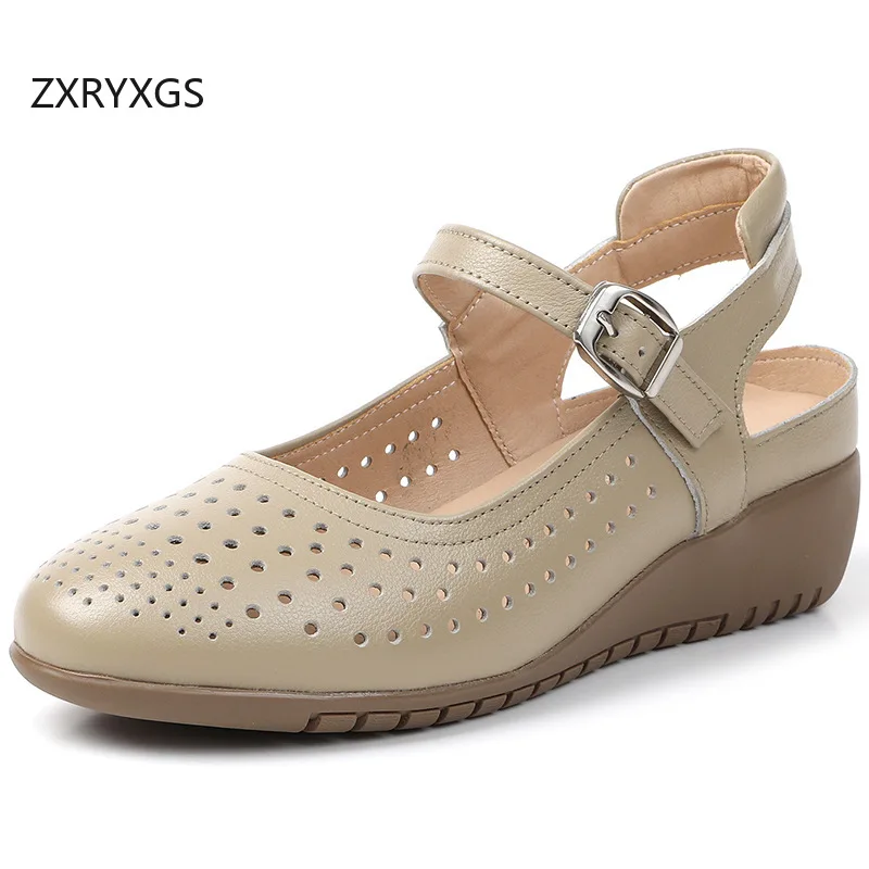

ZXRYXGS 2026 New Summer Round Toe Hollow Shoes Women Genuine Leather Sandals Breathable Comfort Mid Heel Wedges Sandals Big Size