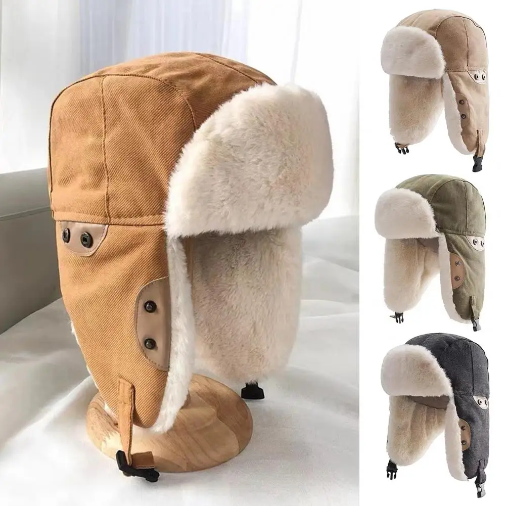 Faux Fur Lining Winter Hat Cotton Thermal Hat Winter Lei Feng Hat with Fuzzy Faux Fur Lining for Outdoor Activities Windproof