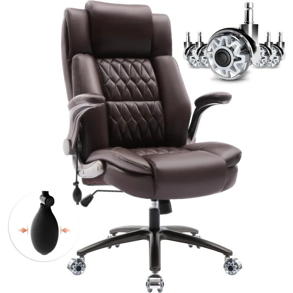 

Large High Back Office Chair - Adjustable Lumbar Support Flip Up Arms Heavy Duty Quiet Wheels Metal Base Breathable Bonded Leath