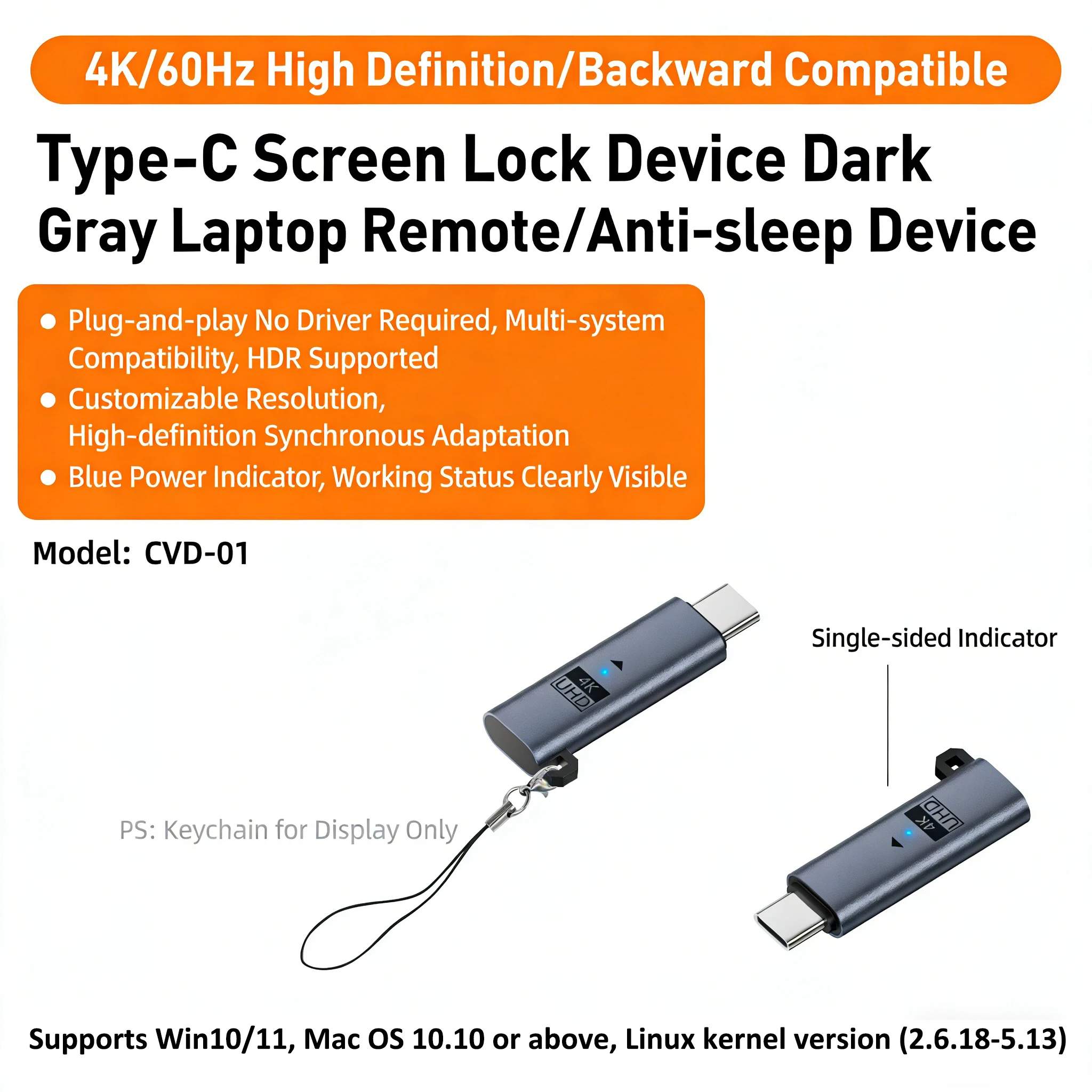 

4K@60Hz / 1080P@120Hz Type-C Screen-Lock Keeper Anti-Sleep Adapter for Laptop Supports HDR and Virtual 3840 x2160@60Hz Display