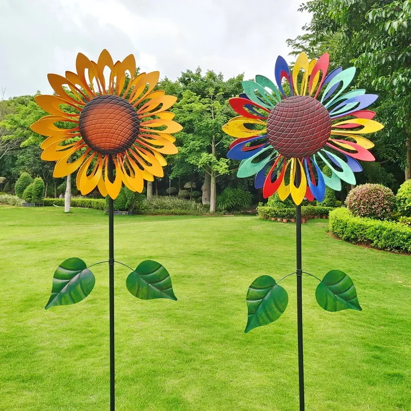 Iron Sunflower Windmill Figurines Double-sided Rotating Sculptures Floor-to-ceiling Ornament Interior Room Decorations Gift Idea