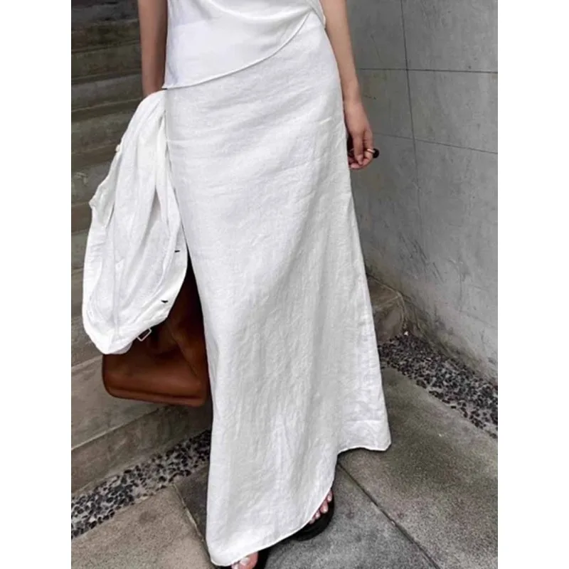 2024 New Vintage White Linen Maxi gonna dritta in cotone a vita alta con spacco Casual gonne lunghe per le donne Office Lady Summer Skirt