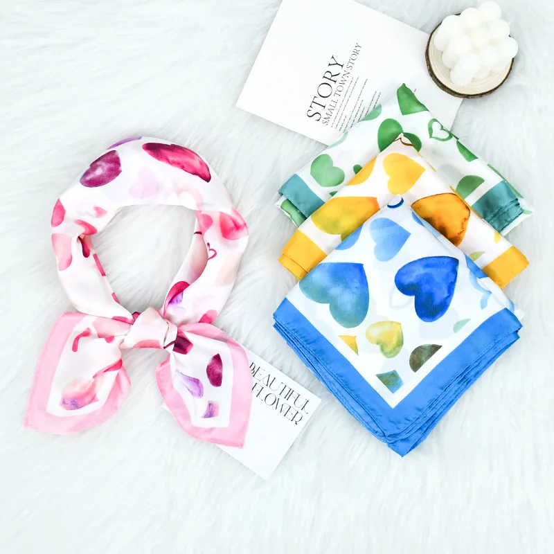 

Fresh and Stylish Commuter Blue Heart Silk Scarf 70CM Faux Silk Sweet and Cute Women's Square Scarf