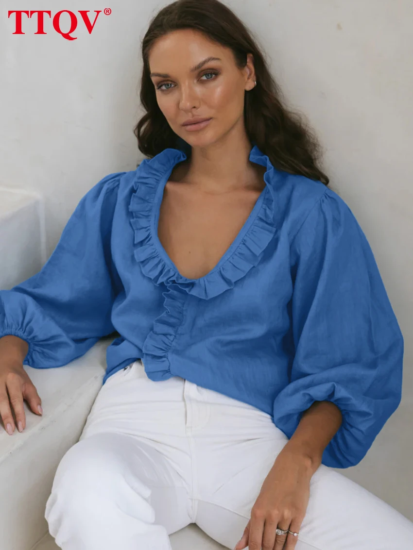 

TTQV Fashion Loose Blue Cotton Women's Shirt Spring Stand Collar Long Sleeve Blouse Elegant Classic Ruffles Top Female Clothing