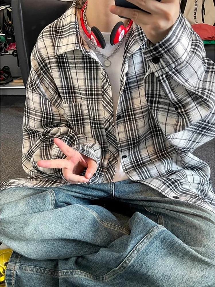 

Trendy Plaid Long Sve Men's irt Casual Autumn Outerwear Couple's Loose Fit Polyester Cotton Blend Iron-Free irt