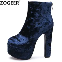 Platform Women Ankle Boots Fashion Velvet High Heels Boots Female Sexy Round Toe Nightclub Party Ladies Shoes Large Size 45