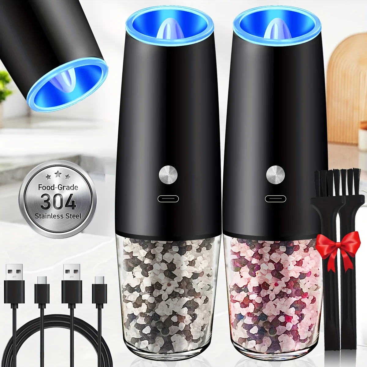 

2 шт. USB-перезаряжаемые электрические мельницы для соли и перца с регулируемой степенью помола, автоматические измельчители соли