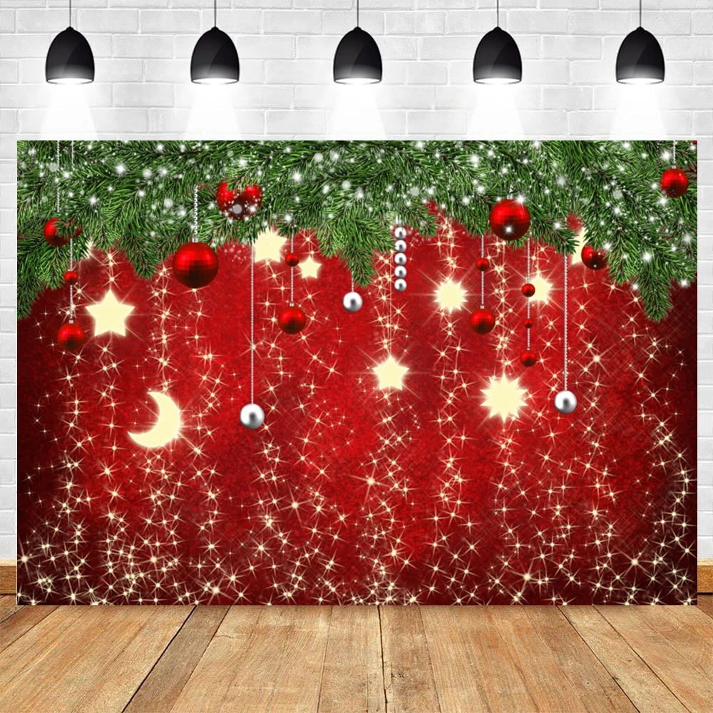 Merry Christmas Backdrop Winter Snowflake Shining Bokeh Glitter Star New Year Red Xmas Ball Kids Portrait Photography Background