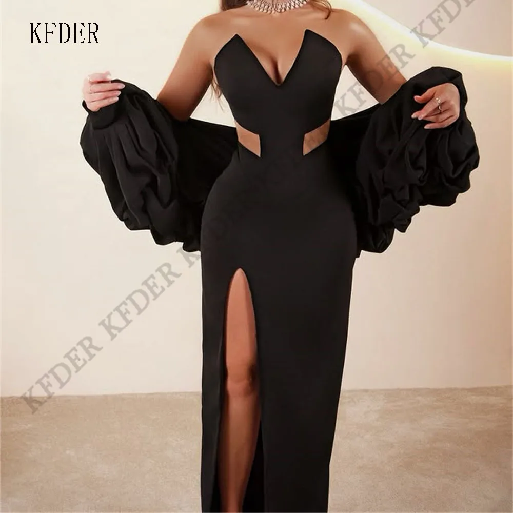 Black Flower Cape Satin Prom Gowns Side Slit Party Evening Gown Sheath Strapless Sleeveless Graduation Dress Customized