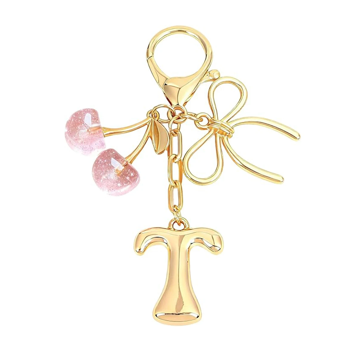 Gold Letter Bubble Initial Keychain with Bow & Cherry, Cute Handbag Accessory
