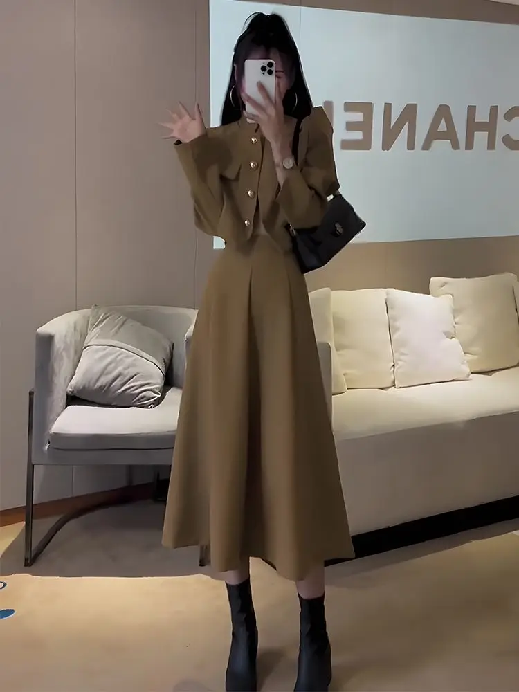 New High End Small Fragrance Women's Matching Set Fashion Stand Collar Puff Sleeve Short Coat + A-line Midi Skirt Two Piece Set