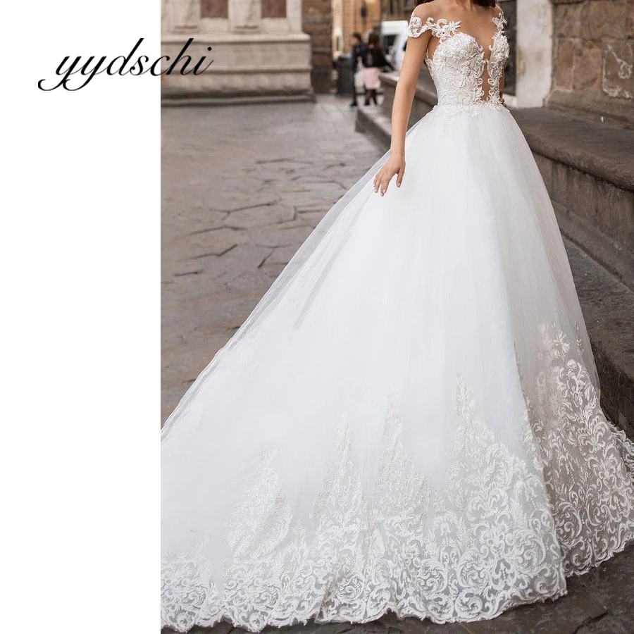 

Exquisite Ball Gown Appliques Wedding Dress Beading Bridal Off the Shoulder Floor Length A-Line Courth Train Dresses For Women