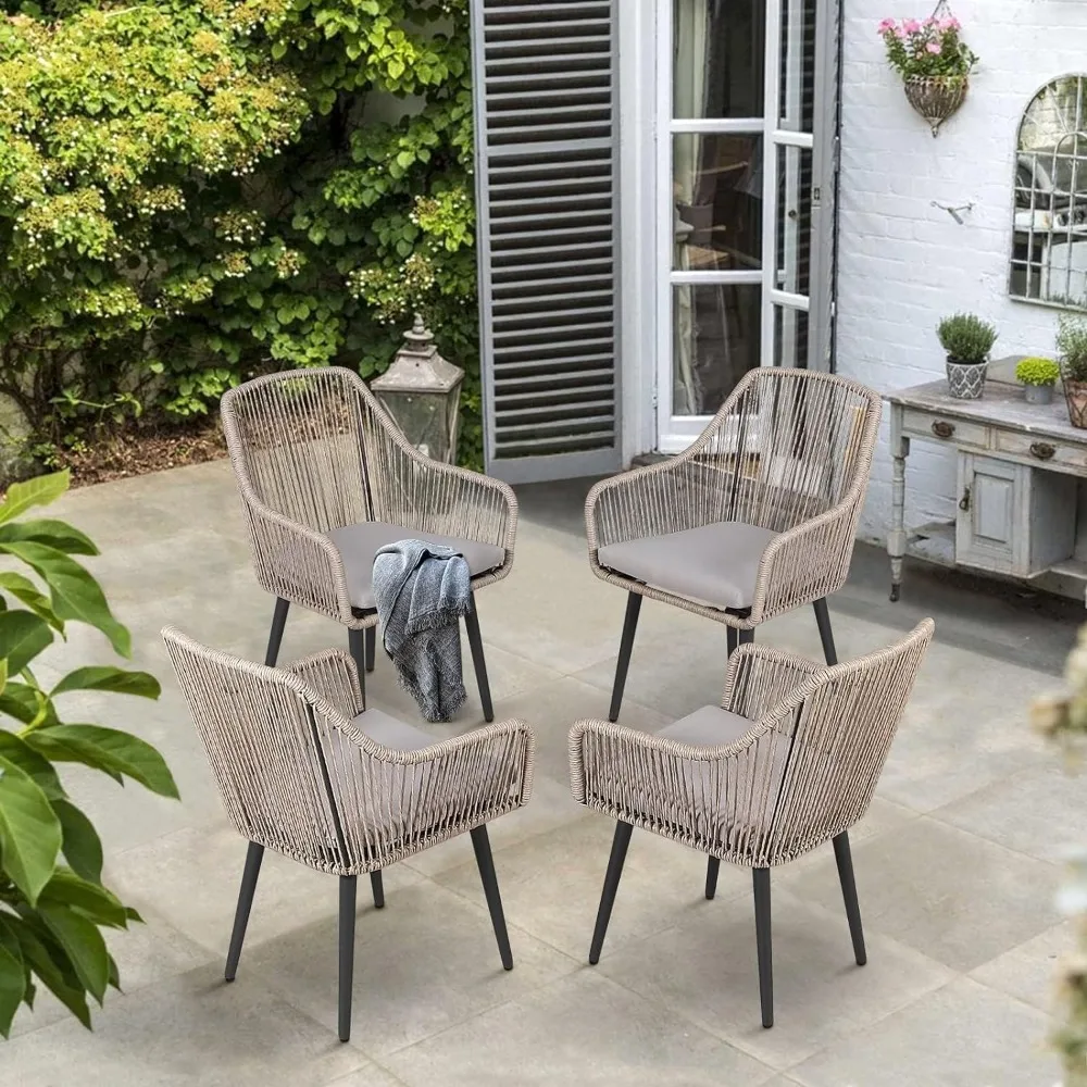 

Patio Dining Chairs Set of 4, Woven Rattan Chairs with Armrest & Cushions Kitchen Wicker Dining Chairs with Iron Frame, Outdoor