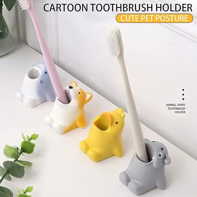 Cute Cartoon Animal Toothbrush Holder Resin Shark Duck Corgi Hippo Tooth Brush Stand Desktop Pen Holder Bathroom Decor