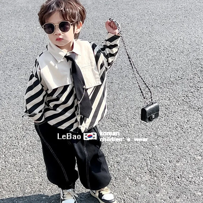 Fashion Children\'s Long sleeve Spring Autumn Stripe Shirt+Loose Pants 2Pcs Gentleman New Boys Baby Korean Style clothes Suits