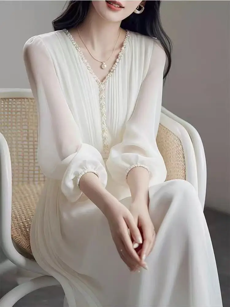 

2025 Summer New Vacation Display Age Reducing and Slimming Long Dres Fashionable Super Fairy Light Green Chiffon Dress for Women